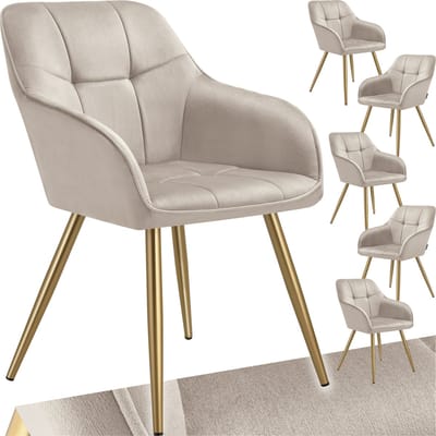 tectake® Eetkamerstoelen Marilyn - Set van 6 - Gestoffeerde Stoel in Fluweellook - Gecaptioneerd - Zwarte Stoelpoten - Ergonomische Keukenstoel - Doorlopende Rugleuning en Armleuningen - Stoel voor Woonkamer, Eetkamer, Slaapkamer - Taupe