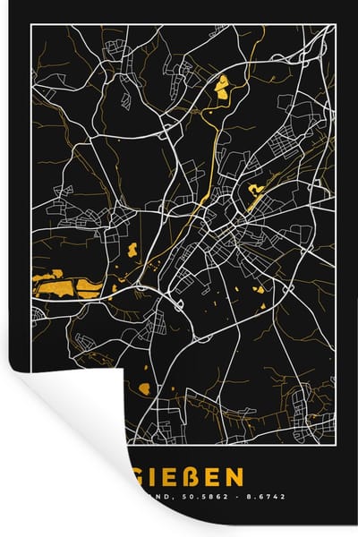 Muurstickers - Sticker Folie - Duitsland – Black and Gold – Gießen – Stadskaart – Kaart – Plattegrond - 20x30 cm - Plakfolie - Muurstickers Kinderkamer - Zelfklevend Behang - Zelfklevend behangpapier - Stickerfolie