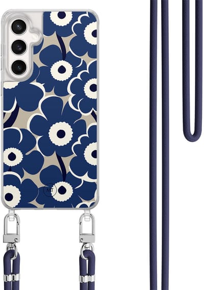 Hoesje met koord geschikt voor Samsung Galaxy S24 FE - Abstract bloom - Inclusief Donkerblauw koord - Crossbody beschermhoes - Transparant, Blauw - Mooie Telefoonhoesjes