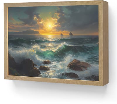 Wandlamp 40x30 cm - Oplaadbaar - Zee - Zon - Golven - Rotsen - Wandlampen binnen woonkamer - Slaapkamer lamp - Decoratieve nachtlamp - Vloerlamp draadloos