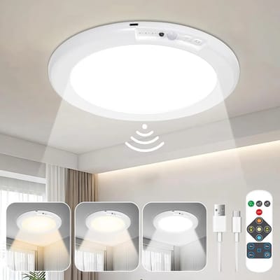 Oplaadbare LED-plafondlamp met bewegingssensor en afstandsbediening, 3 kleurtemperaturen, dimbaar, geschikt voor kledingkasten, trappenhuizen, gangen, kelders en andere ruimtes.