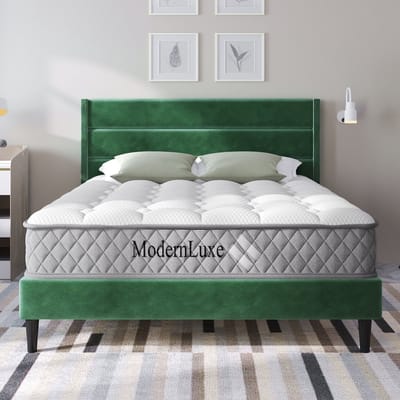 Gestoffeerd bed 140 x 200 cm - met bedframe - lattenbodem en hoofdbord - tweepersoonsbed - fluwelen stof - donkergroen - inclusief matras