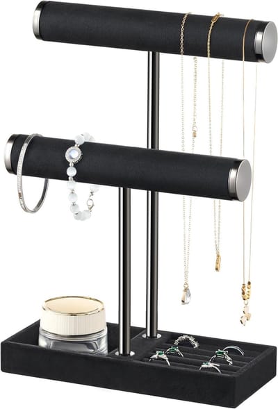 2-laags Armbandhouder met Afneembare T-bar - Zwart Fluwelen Sieraden Organizer voor Armbanden, Kettingen en Ringen