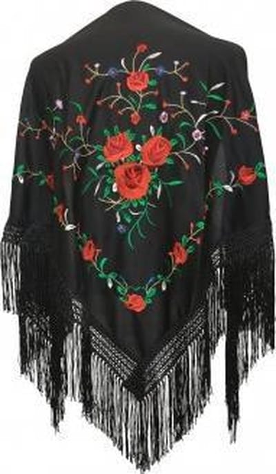 Spaanse manton - omslagdoek - zwart met rozen bij verkleedkleding of flamenco jurk