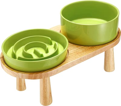 Keramische Hondenbakken - Voer en waterbak - Comfortabel eten - Verhoogde houten standaard - 1800ml - Groen