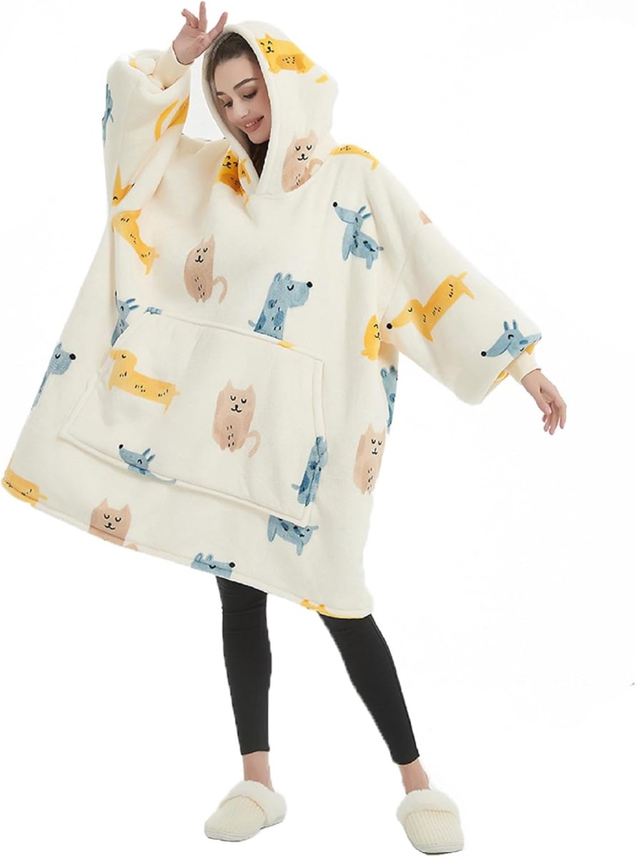 iyoimono Hoodiedeken voor dames, flanel, fleece, pullover, sweatshirt, deken, wollige sherpa tv-deken met mouwen, fruitprint, dierenprint, oversized capuchon, pullover, knuffeldeken, eenheidsmaat