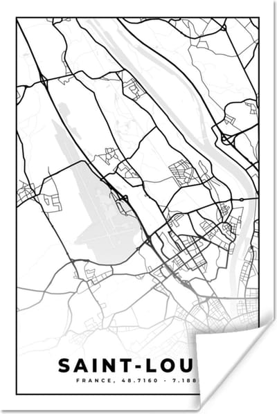 Poster Stadskaart - Plattegrond - Saint-Louis - Kaart - Frankrijk - Zwart wit - 120x180 cm XXL