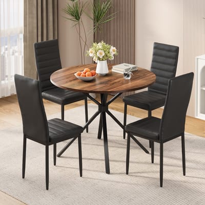 Bealife TB64 Eettafel en Stoelen voor 4 Personen - Moderne Eetkamer Stoelen Set met PU Leer - Huis Meubilair - Ronde Tafel - Bruin