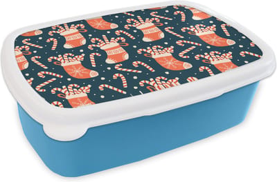 Broodtrommel Blauw - Lunchbox - Brooddoos - Sokken - Snoep - Kerst - Patronen - 18x12x6 cm - Kinderen - Jongen