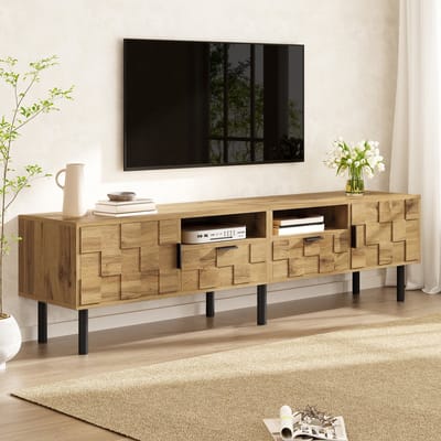 TV-Meubel - 160x35x42.5 Cm Met Mozaïekdesign, 2 Deuren, 2 Lades En 2 Open Vakken - Houtnerf Spaanplaat Met Metalen Poten