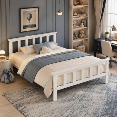 Kinderbed 90x200 cm - Eenpersoonsbed 90x200 cm - Vloerbed - Houten frame - Massief grenenhout - Met hoofdbord - Lattenbodem - Veilig en comfortabel - Wit