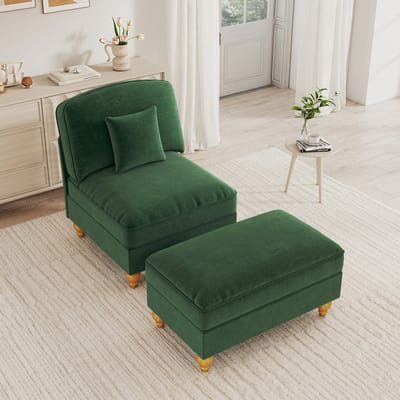 HAUSS SPOLE Fauteuil - Klassieke Loungefauteuil Met Hocker - Afneembare Rok En Los Kussen - Voor Woonkamer - Chenille Groen