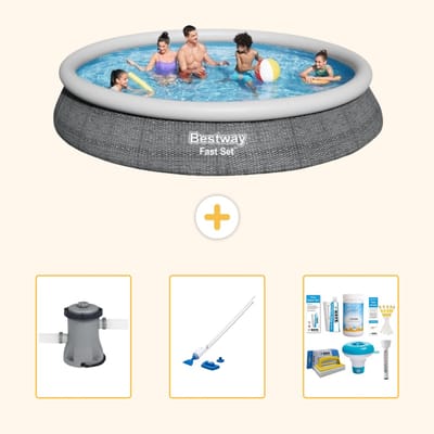 Bestway Rond Opblaasbaar Fast Set Zwembad - Rotanprint - 457 x 84 cm - Inclusief Pomp - Stofzuiger - Onderhoudspakket - 4-delig