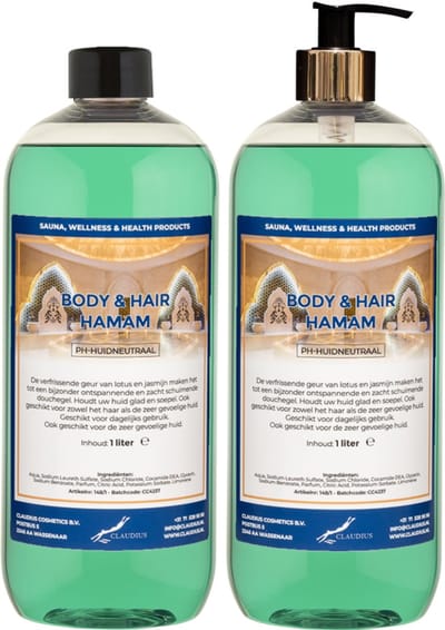 Body & Hair Hamam 1 liter met gouden pomp - set van 2 stuks - 2 in 1 voor lichaam en haar - voordeelverpakking