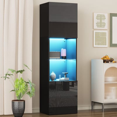 Sweiko Hoogglans Vitrinekast - LED verlichting - Glazen legplanken - Hoge kast - Zwart