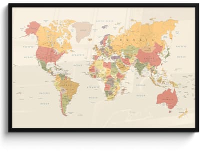 Poster in lijst - Fotolijst 120x80 cm - Posters - Wereldkaart - Realistisch - Beige - Posterlijst zwart - Decoratie - Wanddecoratie woonkamer - Muurdecoratie slaapkamer