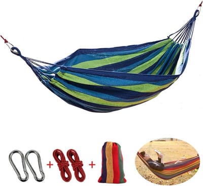 Hangmat Katoen - Buitenhangmat Dubbel - Ontspannen Buiten - Inclusief Karabijnhaken - 150 x 190 cm - Blauw