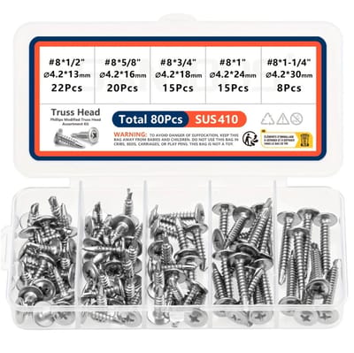8-delige Zelftappende Schroeven Set – 410 Roestvrij Staal – Boorschroeven Assortiment – Voor Metaal, Hout & Kunststof – 80 Stuks in Opbergdoos
