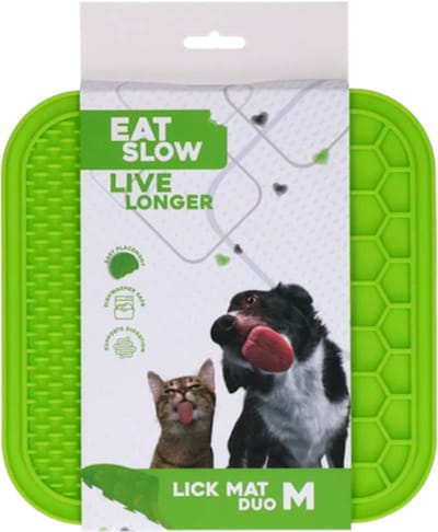 Eat Slow Live Longer Duo Likmat - 21 x 21 cm - Vierkant - Snuffelmat - Anti-schrok Mat - Slowfeeder Honden en Katten - 100% Siliconen - Vaatwasserbestendig - Maat M - Voerpuzzel Kat - Groen