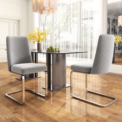 Set van 2 Eetkamerstoelen - Velvet - Eetkamerstoel - Metalen Poten - Golvende textuur op de achterkant - Modern Design - Geschikt voor woonkamer en slaapkamer - Zilveren voeten - Grijs