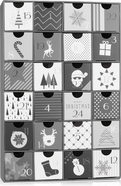 BRUBAKER Adventskalender om te vullen - Zwarte en Witte Kerst - Kerstkalender met 24 Vakjes om zelf te vullen met kleine Cadeautjes - 32,5 cm hoog - Karton