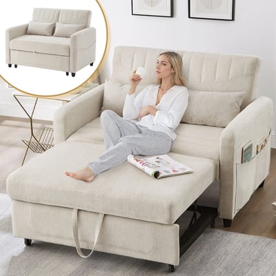[Slaapbank met Slaapfunctie] Tweezits Slaapbank, Uitschuifbaar Ontwerp, Eenvoudig en Modern, Eigentijdse Stijl, in drie Standen Verstelbare Rugleuning, Ademende Katoen-linnen Stof-Beige