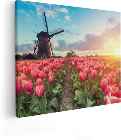 Artaza Canvas Schilderij Tulpenveld - 100x80 cm - Groot - Wanddecoratie Molen - Muurdecoratie Nederland - Schilderijen Op Canvas Zonsopgang