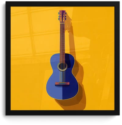 Poster in lijst - Fotolijst 40x40 cm - Posters - Gitaar - Akoestisch - Minimalistisch - Geel - Posterlijst zwart - Decoratie - Wanddecoratie woonkamer - Muurdecoratie slaapkamer - Kerstversiering - Kerstdecoratie voor binnen - Kerstmis