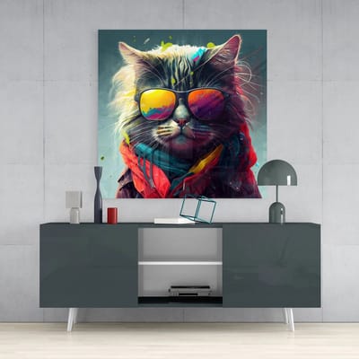 Vierkant Glasschilderij – Hippe Kat met Zonnebril - Wanddecoratie - 40x40 cm