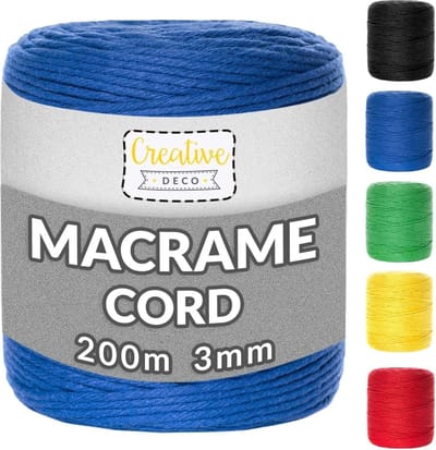 Creative Deco 200 m Blauw Macrame Koord Katoenen Koord | 2-3 mm (+-0.5 mm) Dikte 15-laags Koord | 656 Voeten | Grote Touwrol Natuurlijke Dikke | Perfect Beeld Hangende Draad