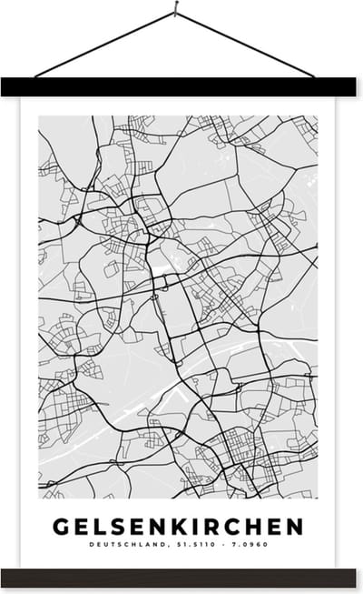 Posterhanger incl. Poster 40x60 cm - Schoolplaat - Kaart - Stadskaart - Duitsland - Gelsenkirchen - Plattegrond - Textielposter - Zwarte latten - Stadskaart