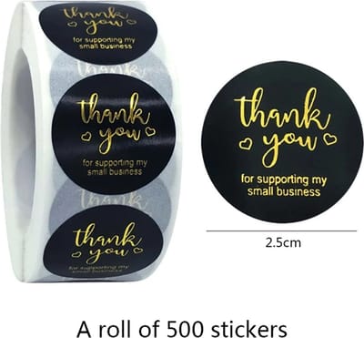 Thank you stickers- 500 stickers - 25 mm - Bedankt stickers - op rol - Thank you For Supporting My Small Business - zwart/goud