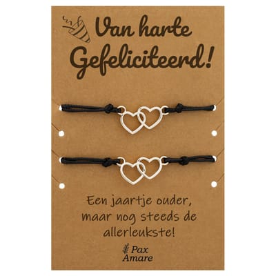 Vriendschapsarmbandjes voor 2 "Van Harte Gefeliciteerd" - Verbonden Hartjes - BFF Armbandjes met Verjaardags Cadeau Kaartje - Zilverkleurig - Elastisch Verstelbaar - Pax Amare