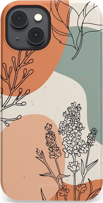 Casetastic hoesje geschikt voor Apple iPhone 14 Plus - MagSafe - Dubbellaagse bescherming - Lijnenspel Natuur - Fashion Case - Zand Saliegroen Terracotta