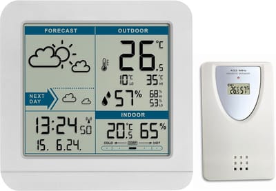 Weerstation Draasloos Binnen/Buiten - Draadloze Weerstation - Wit - Binnen- en Buitentemperatuur - Vochtigheidsmeting - Voor Thuisgebruik