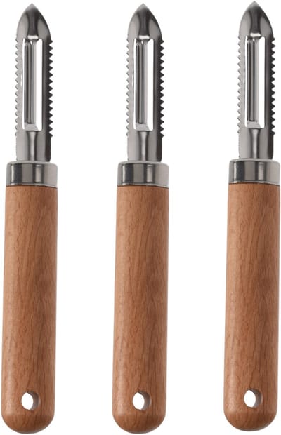 Excellent Houseware Keukengerei fruit aardappel schilmes - 3x - RVS - houten handvat - 18 cm - Beechwood