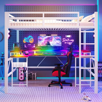 VVBV Kinderhoogslaper 140x200 cm - LED-Verlichting, Bureau, Planken, USB-C & Stopcontact - Metaal Wit - Zonder Matras