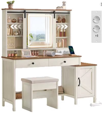 Kaptafel met Verlichting en Stopcontact - Make-up Tafel met LED Spiegel 3 Lichtstanden - Inclusief Krukje en Sieradenkast - Landelijk Wit/Hout - 125cm