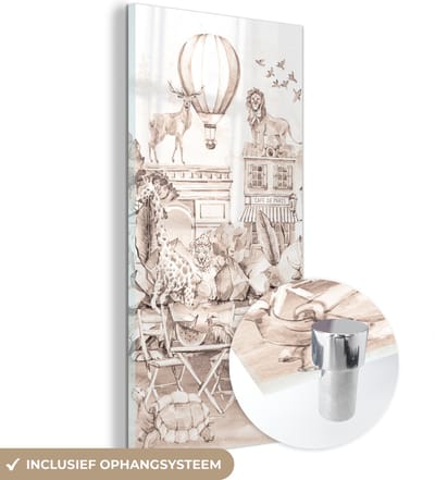 MuchoWow® Glasschilderij 60x120 cm - Schilderij acrylglas - Kinderen - Parijs - Panda - Dieren - Luchtballon - Foto op glas - Schilderijen