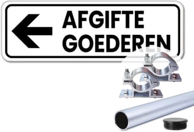 Bord afgifte goederen pijl links - Weerbestendig Aluminium - 40x15 cm - Bevestiging: Met paal 120 cm + paalbeugels + paaldop