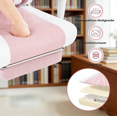 OKWISH Bureaustoel - Ergonomisch Draaibaar Met Massage Lendensteun - Voor Werkplek En Spel - Meshstof - Roze Wit