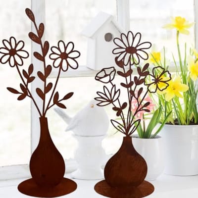 Roestfiguur Bloemenboeket in Vaas - 50 cm Tuindecoratie voor Binnen en Buiten