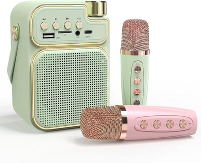 Draagbare mini karaokemachine met 2 draadloze microfoons voor kinderen en volwassenen - Bluetooth, USB, AUX, FM-radio