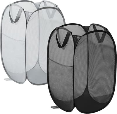 Set van 2 Opvouwbare Wasmanden, Ruimtebesparende 75 L Wasmand voor Badkamer, Reizen en Kinderkamer (Zwart en Grijs)