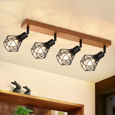 NETTLIFE Opbouwspot Hout - E14 Fitting - L 50cm - zwart - 4-Lichts - Vintage Plafondlamp - 350° draaibaar Plafondspot - voor Hal | Slaafkamer | Kantoor | Woonkamer - Zonder Lichtborn