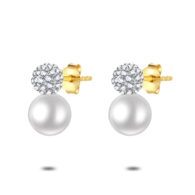 Twice As Nice Oorbellen in 18kt verguld zilver, kristallen bol, parel