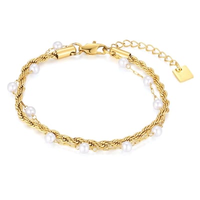 Twice As Nice Armband in goudkleurig edelstaal, dubbel met parels 16cm+3cm