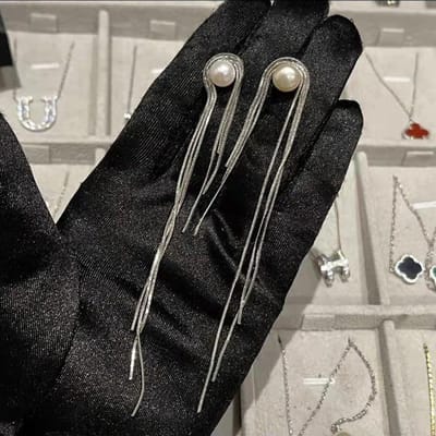 100% 925 Sterling Zilver Licht Luxe Achthoekige Snake Chain Parel Kwastje Stud Oorbellen Lange Vrouwelijke Aros Mujer Oreja Drop Earring