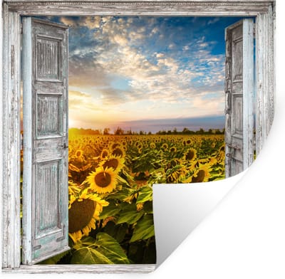 Muurstickers - Sticker Folie - Doorkijk - Zonnebloem - Bloemen - Zon - 100x100 cm - Plakfolie - Muurstickers Kinderkamer - Zelfklevend Behang XXL - Zelfklevend behangpapier - Stickerfolie