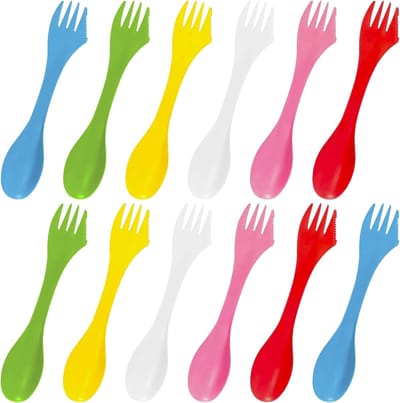 12 stuks plastic vorken, spork campingbestekset, draagbare en herbruikbare spork, lichtgewicht en sterke lepelvork voor buiten, kamperen, backpacken wandelen, reizen, 6 kleuren